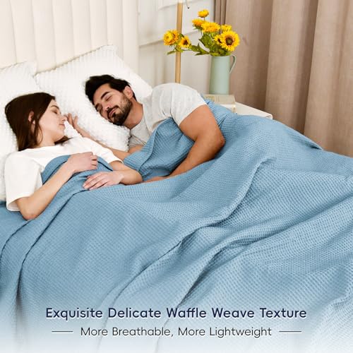 Image of PHF 100% Cotton Waffle Blanket Lightweight Breathable, Twin Size Dusty Blue | Pre-washed Soft Cozy Summer Throw for Hot Sleepers, Textured Decorative Layer for Bed Couch Sofa Guest Room, Giftable