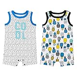 Lamaze Baby Boys' Super Combed Natural Romper, 1 Piece Coverall, Sleeveless Jumpsuit with Shorts, 2 Pack, Cool Blue and Black Pineapples, Newborn