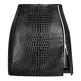 FLUFFY SENSE. Women's Leather Mini Skirt –Stretchy High Waisted Zipper Slit Faux Pleather Bodycon Short Pencil Skirt (US, Alpha, Large, Regular, Regular, Black Croc-Embossed)