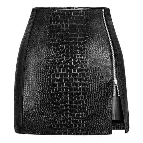Women's Leather Mini Skirt Stretchy High Waisted Zipper Slit Faux...