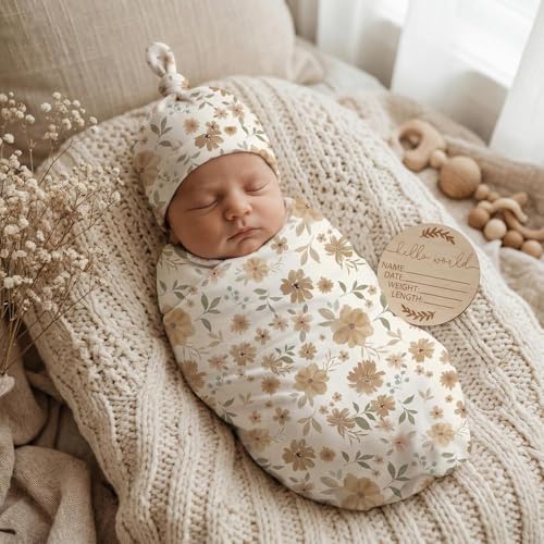 Image of Newborn Receiving Nursery Flower Blanket Baby Swaddle Wrap with Hat Set