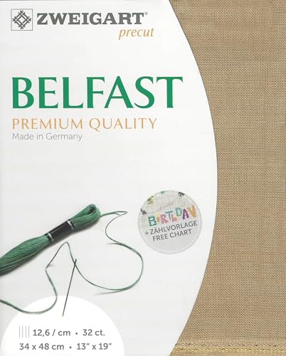 Image of Wizardi Belfast Dirty Linen 3609 326, Precut Zweigart 32 Count Linen Cross Stitch Fabric, 100% Natural Embroidery Cloth, 19x27 in for Adults