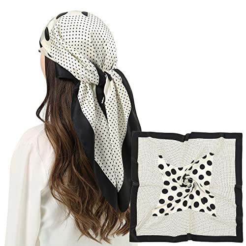 RIIQIICHY 100% Silk Scarf Head Scarf for Women Hair Scarf for Sleeping Hair Wrapping at Night Square Neck Scarves 35" x 35" 35"-white-black Dot