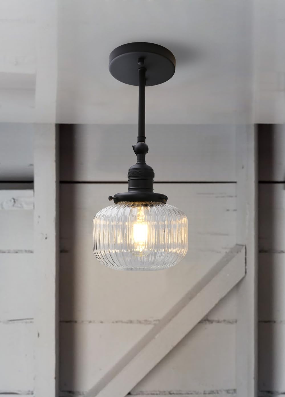 PERMO Single Sconce Vintage Industrial Wall Sconce Lighting with Flate Globe Ribbed Shade (Black)