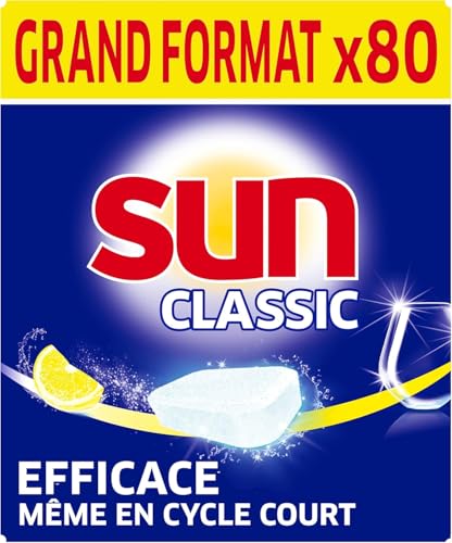 SUN - Pastilles Lave-Vaisselle Classic Citron - 80 tablettes - Efficace pendant les cycles courts - Brillance étincelante - Fabriqué en France