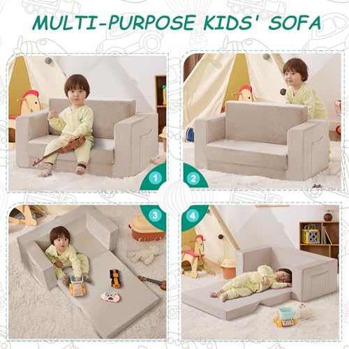 Zorvoxz Kids Couch, 2-in-1 Toddler Chair Comfy 1-3 Years, Convertible Kids Chair, Toddler Couch that Fold Out, Kid Lounge Chairs for Boys and Girls Gifts, Kids Recline, Double, Beige by Zorvoxz - Image 6