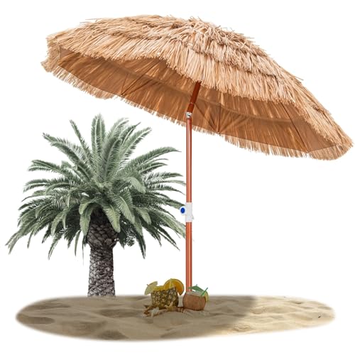 RELAX4LIFE Sombrilla Playa Ø175cm de Paja de PP con Inclinación y Altura Regulable 140-190cm, Sombrilla Tropical Hawaiana con 8 Varillas, Barra Desmontable y Bolsa de Transporte, Sin Base, Natural