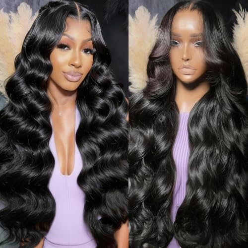 Leseater 32 Inch 13x6 Lace Front Wigs Human Hair Real Full Virgin Human Hair Wig 200 Density Body Wave HD Transparent Lace Pre Plucked Hairline Tiny Knots Tangle-Free Natural Black Color