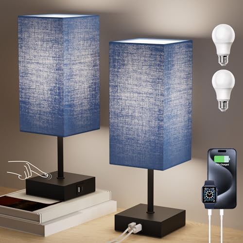 Touch Bedside Table Lamp for Bedroom, 14-Inch, Navy Blue Set of 2