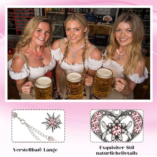 TOWLEING 4 Stück Trachtenschmuck Damen Edelweiß Trachtenkette Armband Ohrstecker Dirndl Schmuck Elegantes Dirndl Schmuck Damen für Dirndl oder Lederhose Hochwertiges Trachtenschmuck Set