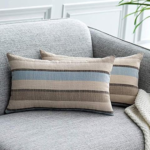 UPOPO Set of 2 Linen Look Cushion Cover Stripes Decorative Soft Cushion Cover Cushion Covers Decorative Cushion Sofa Cushion for Sofa Couch Bedroom Living Room with Zips 12x20 Inch 30x50 cm Blue Grey Cover