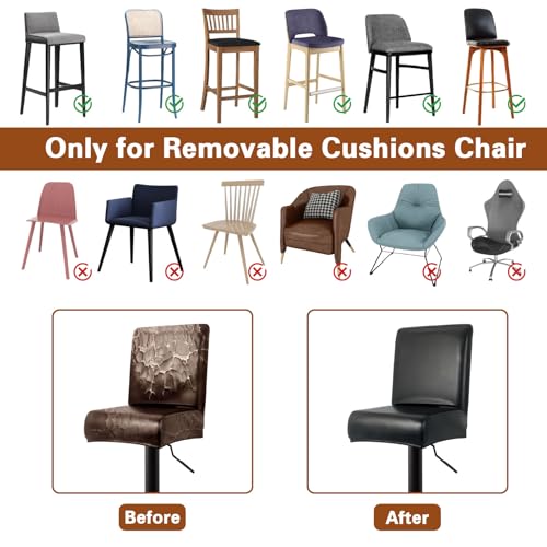 Image of PU Leather Bar Stool Covers with Backs, 2 Pack Stretch Waterproof Bar Stool Chair Covers Washable & Comfortable Barstool Covers Slipcovers with Back for Pub /Counter /Dining Room Decoration (Black)