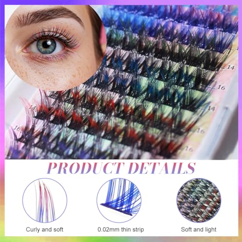 Image of MAYCREATE Colored Wispy False Eyelashes Eyelash Extension 14 16mm Individual Lash Clusters with Red Blue Purple Green Pink Tips, Dramatic DIY Lashes for Festival Stage Party Cosplay