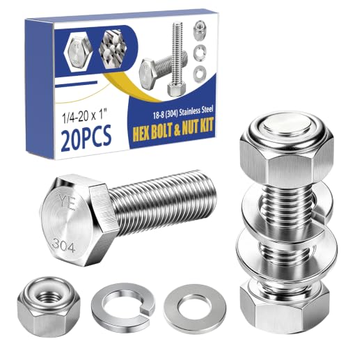 Image of mankk 20PCS 1 /4-20 x 1 inch Hex Bolt & Nut Kit,18-8 (304) Stainless Steel