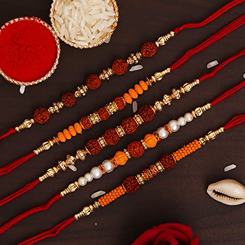Image of eCraftIndia Set of 5 Multicolor Beads Pearls Diamond Rudraksha Rakhis for Brother Bhaiya Bhai | Roli Chawal Pack | Raksha Bandhan Rakhi