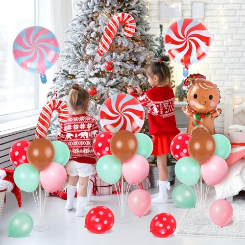 Image of 6 Sets Christmas Gingerbread Balloon Stand Kit for Table with Gingerbread Man Candy Cane Foil Balloon Centerpiece for Christmas Theme Xmas Birthday Holiday New Year Party Table Decorations