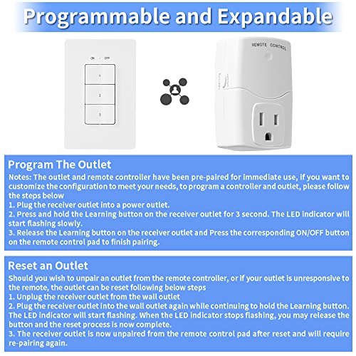 Wireless Remote Control Outlet And Wall Light Switch, 3-Way Switches For Lamp, Fans And Holiday Decor, No Wiring, Programmable And Expandable, 100Ft Rf Range, Etl Listed (2 Switches And 3 Receivers) #TOP7