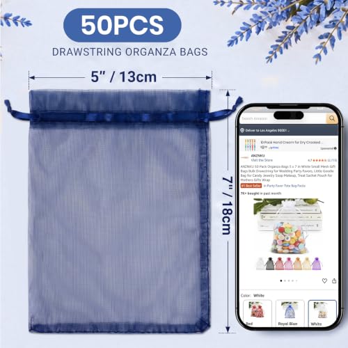Image of ANZNKU 50 PCS Organza Bags 5 x 7, Navy Blue Small Mesh Gift Bags Drawstring