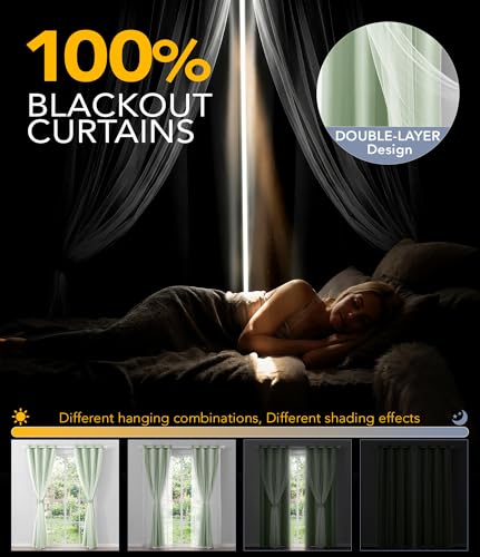 Image of 100% Blackout Curtains with Sheer Overlay, Sage, 52 x 84 inch, 2 Panels | For Bedroom Living Room Window, Room Darkening, Thermal Insulated, Grommet Top, Summer Heat Blocking, Double Layer Design