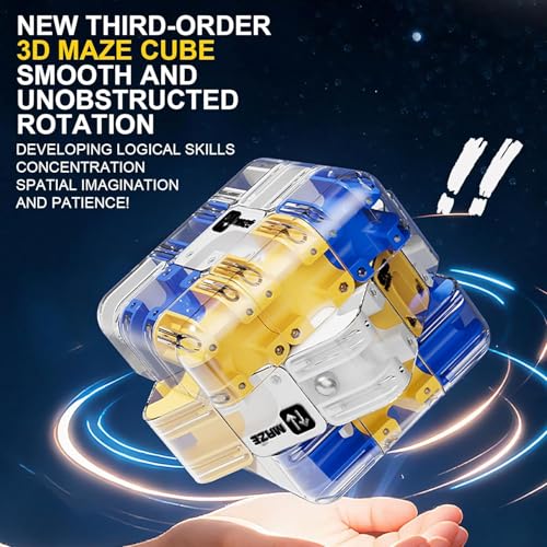 Image of 3D Maze Cube Puzzle Game for Kids & Adults | Large Labyrinth Ball Brain Teaser Toy | Educational Learning Toy for Logical Thinking | Sensory Mind Game | Durable Cube Gift (Blue & Yellow)