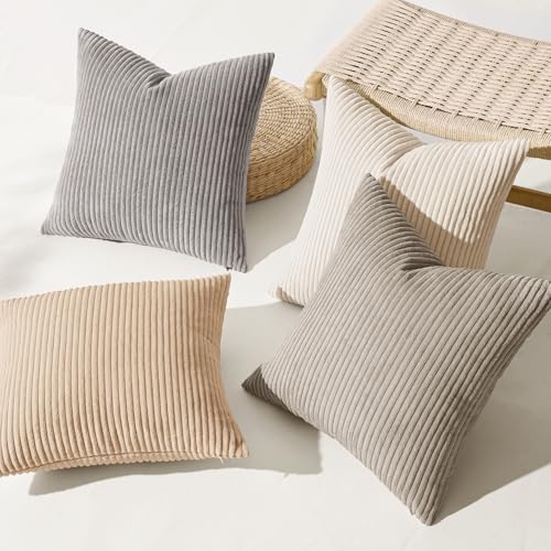 Image of MIULEE Boho Farmhouse Neutral Cream Throw Pillow Covers 20x20 Inch Set of 4 Mordern Nordic Cushion Covers Soft Corduroy Spring Home Decor for Couch Bed Sofa Living Room