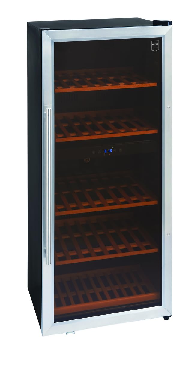 METRO Professional Cantinetta Vino Refrigerata GWC3091 | Acciaio Inox, Doppia Zona di Temperatura, 54 x 54 x 123.5 cm, 5 Ripiani in Legno, Termostato Touch e Luci a LED, da 5 a 22 °C (91 Bottiglie)