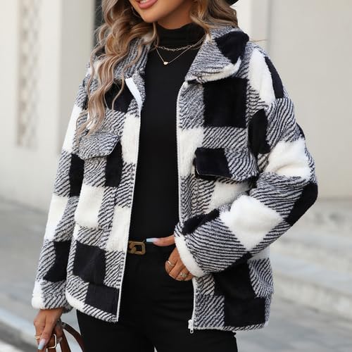 Womens Fleece Sherpa Jackets Fall Winter Full Zip Plaid Coat with Pocket3