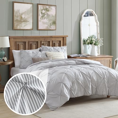 Image of Swift Home Full /Queen Pinstripe Charcoal Grey Comforter Set - Classic Pintuck Bedding Set - 3 Pieces Bed Linen, 1 Comforter and 2 Pillow Shams