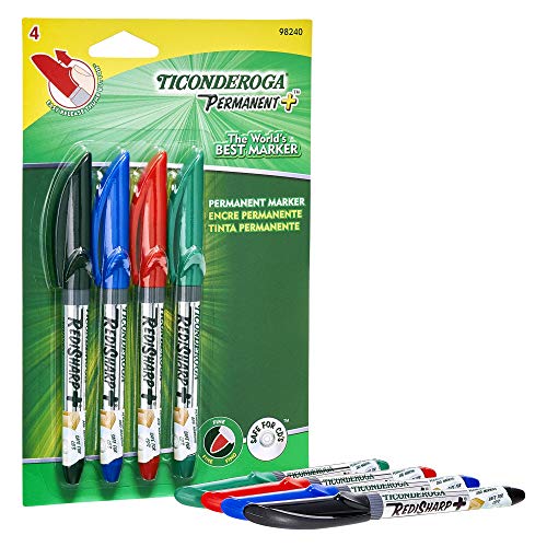TICONDEROGA RediSharp Plus Low Odor Permanent Markers, Fine Point, 4-Pack Assorted Markers, Red/Black/Green/Blue (98240)