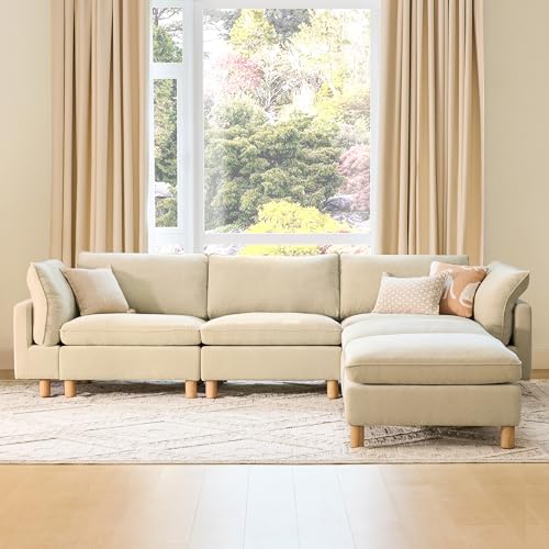 Image of CHITA 127 inch Super Large Sectional Couches for Living Room, Modular Cloud Couch Sectional Sofa, Premium Fabric Couches, Down Filled, High Density Foam, Chenille in Beige, 5 Seat U Shaped