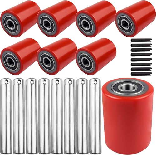 Image of Heavy Duty Pallet Jack Load Wheels Replacement Kit (4 Pairs / 8 Wheels) - 3 inch x 3.75 inch (74.5mm x 93mm) Polyurethane Tread, Pre-Installed 20mm Bearings w /Axles & Pins (Red)