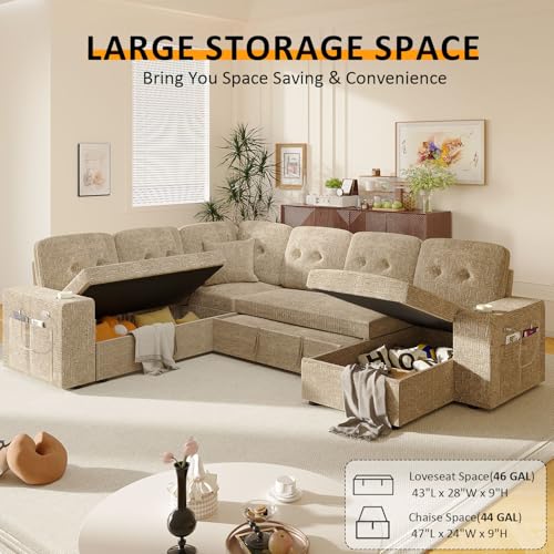Image of Modular Sectional Sleeper Sofa with Pull Out Bed, 108 Inch U Shaped 7 Seat Couches for Living Room, Chenille Fabric Cloud Couch Bed with Storage & Reclining Backrest, USB Charging, Khaki