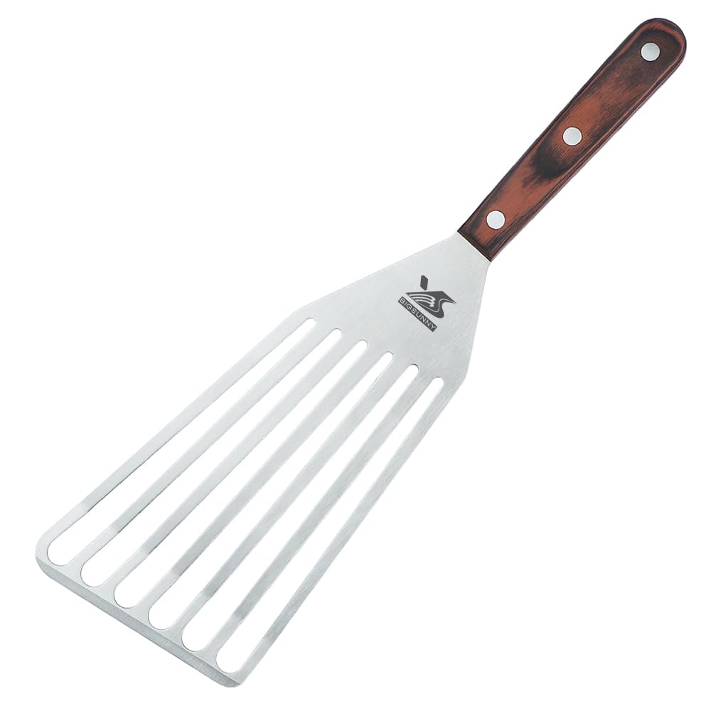 MSY BIGSUNNY Heavy Duty Fish Turner, Stainless Steel Slotted Turner with Pakkawood Handle, 4X8 Inches