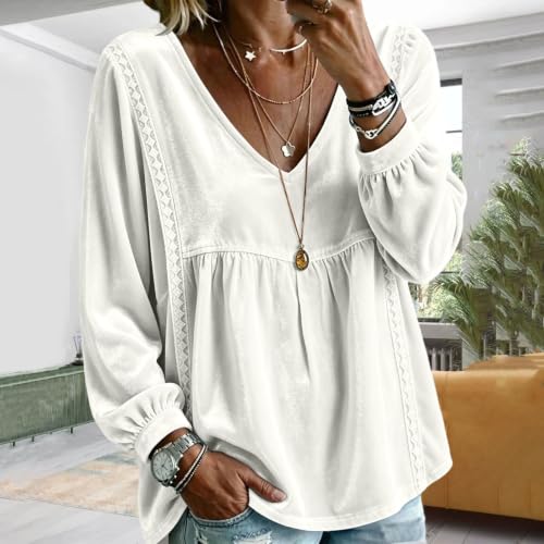 Velvet Top Women Lace Trim Long Sleeve V-Neck Babydoll Velour Shirts - image 2