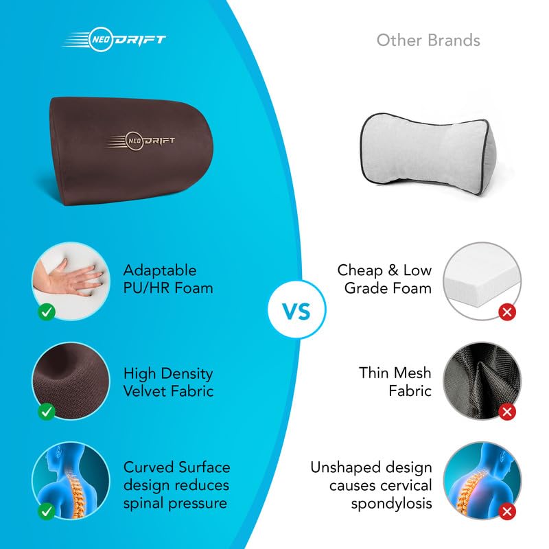 Image of Neodrift 'CurveNeck' - Neck Rest Cushion Orthopedic Velvet Memory Foam Pillow for Neck, Head, Shoulder Support - Pain Relief for Car, Set of 2 (Colour-Coffee)