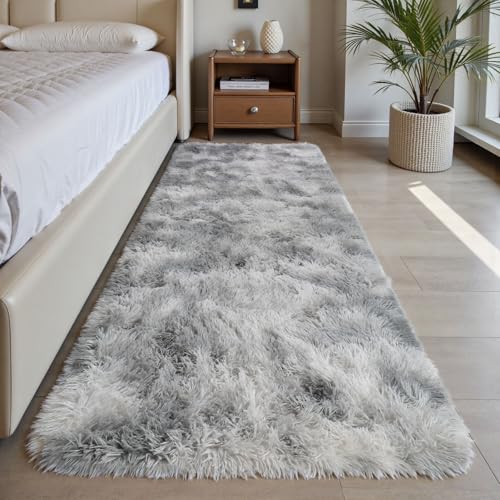 Sour Lemon Wohnzimmerteppiche, 80 x 160 cm, Grauer Läufer, Teppich für Schlafzimmer, waschbar, rutschfest, Flauschiger Teppich, zottelige