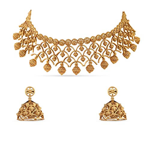 TARINIKA Brass Indian Choker Necklace Set - Gold Plated Cubic Zirconia Indian Jewelry Sets for Women Dangle, Drop, Jhumka Earrings Traditional Desi Necklace Pearls Gift for her