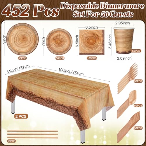 Image of Funnymoom 452 Pcs Camping Wood Grain Party Decorations Rustic Wood Disposable Paper Plates Napkins Cups Tablecloth Cutlery Straws for Forest Themed Party Decorations Hunting Birthday Supplies