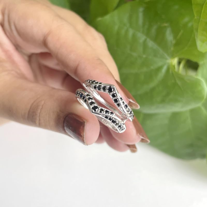 Black Diamond V Shaped Enhancer Guard For Women, 14k Gold Finish Black Diamond Wrap Ring, Anniversary Band