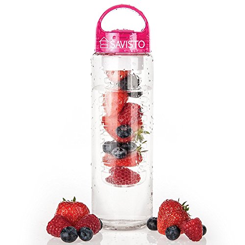 Savisto Tritan 700ml Fruit Infuser Water Bottle [Premium BPA Free Plastic] With Leak Proof Screw Top & Carry Handle - PINK