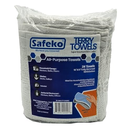 SAFEKO Cotton Terry Towels – 100% Cotton, 14” x 17”, Super Absorbent & Machine Washable – 24 Pack
