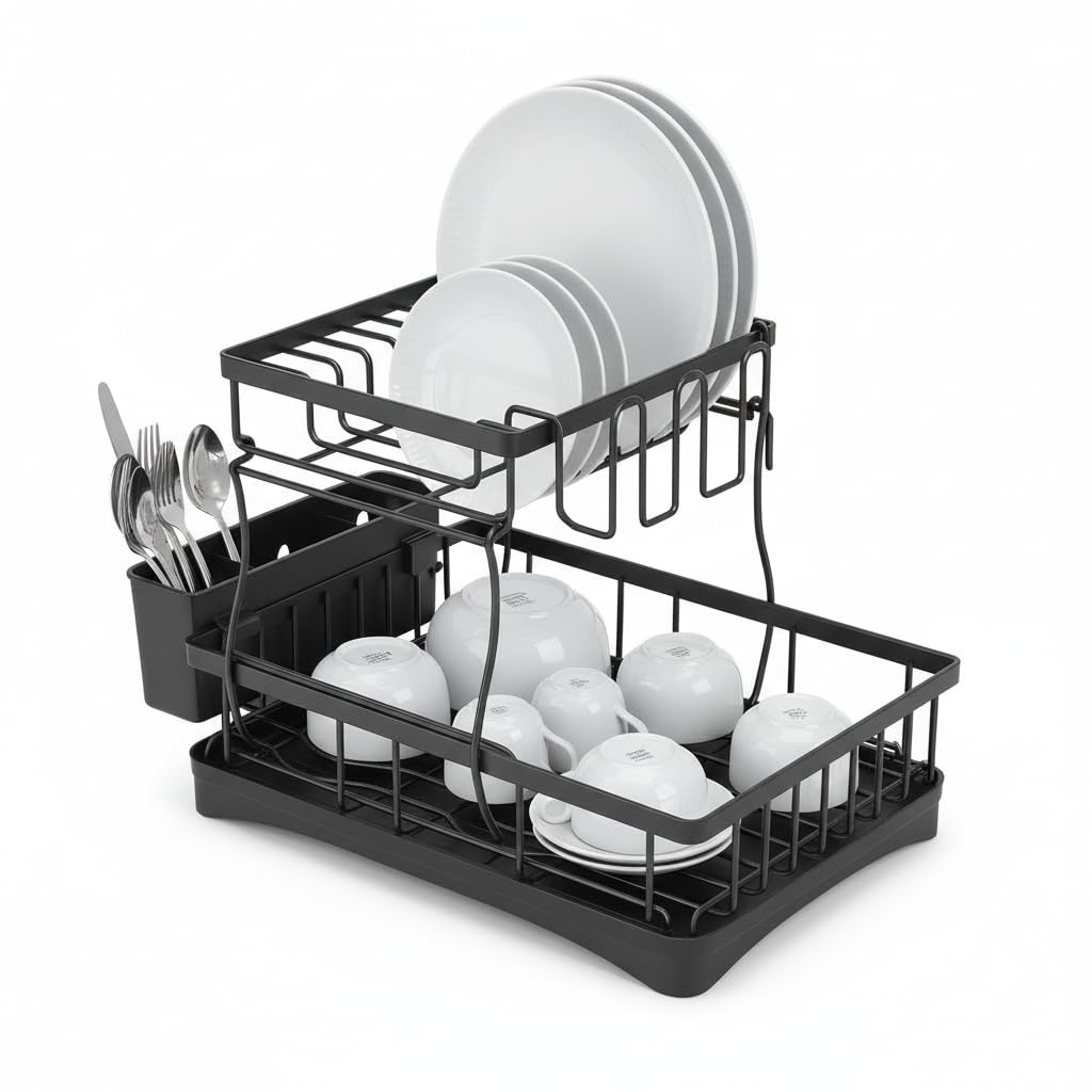 Doria Black 2 Tier Dish Drying Rack Stainless Steel Dish Drainer Rack With Removable Draining Board Rack, Utensil Holder, Rustproof & Space-Saving - Black (Black 2 Tier)