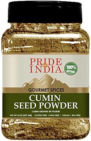 Pride of India - PACK of 6 - Cumin Seed Ground โ Traditional Indian Spice โ Seasoning spice for Curries/Lentils/Chicken/Meat โ Easy to Store โ 8oz. Medium Dual Sifter Bottle