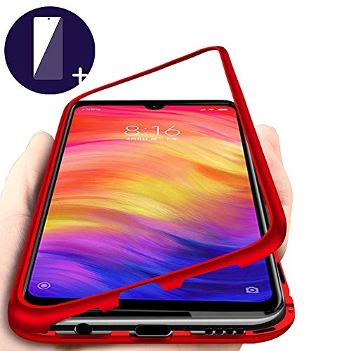Funda Xiaomi Redmi Note 7 Carcasa Adsorcion magnetica Tecnología Imanes fuertes Incorporado Aluminio híbrido Cuadro atrás Transparente Vidrio templado Resistencia rayado Proteccion Cover, Rojo