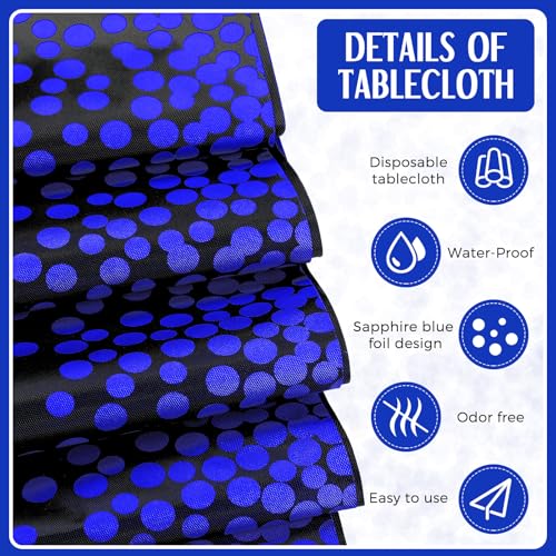 Image of Breling 16 Pack Black and Blue Disposable Plastic Tablecloths and Satin Table Runner Set, 54 x 108 Inch Tablecloth, 12 x 108 Inch Table Runners for Wedding Graduation Birthday Baby Shower New Year