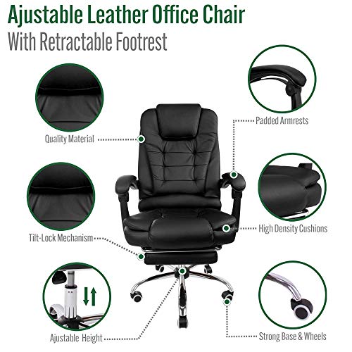 Halter Reclining Leather Office Chair, Modern Executive Adjustable Rolling Swivel Chair, Gaming Chair with Headrest and Retractable Footrest, Black