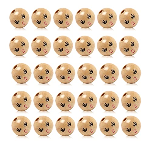 30 Stück runder Holzperlen-Charm, mit Design: natürlich lächelndes Gesicht, für Bastelprojekte, 22 mm Cover