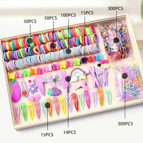 INSKIDS 844-teiliges Haar-Zubehör-Set für Mädchen, Bonbonfarben, Nylon-Haargummis, elastischer Pferdeschwanz-Halter, Gummiband für Babys, Kinder, Cartoon-Haarspange für dickes und dünnes Haar