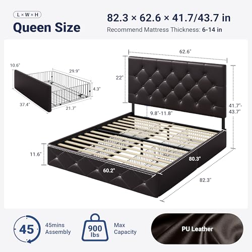 Image of Allewie Upholstered Queen Size Platform Bed Frame with 4 Storage Drawers and Headboard, Diamond Stitched Button Tufted, Mattress Foundation with Wooden Slats Support, No Box Spring Needed, Black Brown
