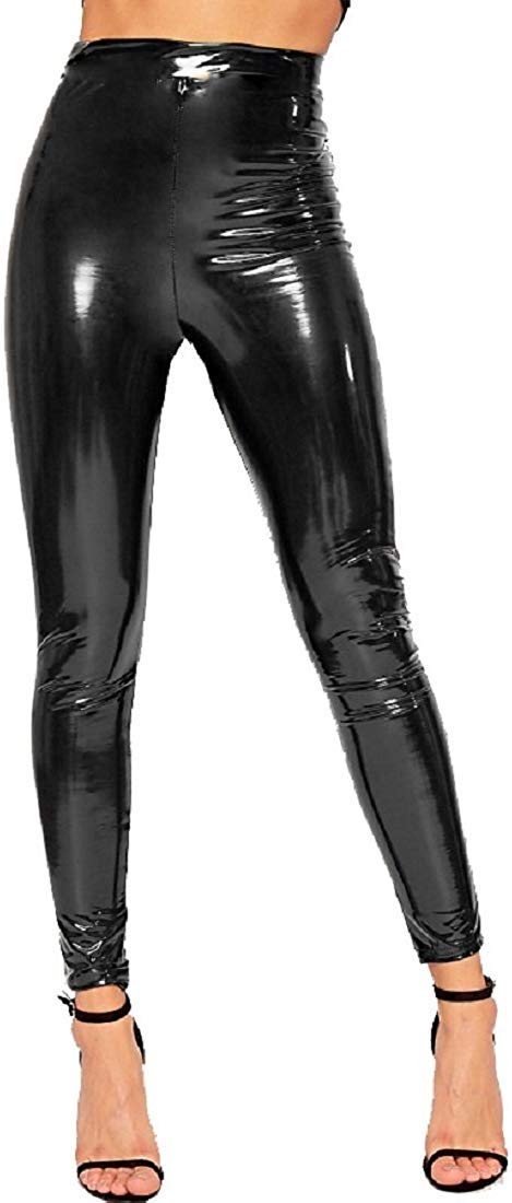 Girlzwalk Women's Black Vinyl Leggings Pvc Wet Look Shiny Disco High Waist Skinny Trouser Pants (, Sm/Uk 8-10)